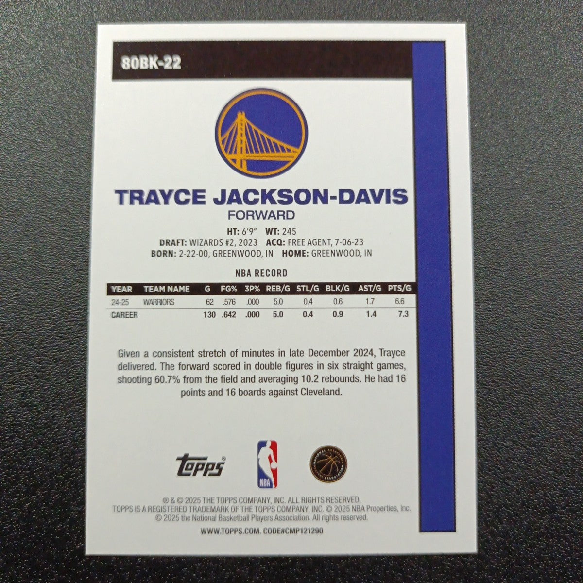 2025-26 Topps Basketball Card Trayce Jackson-Davis Silver Foil 45th Anniversary