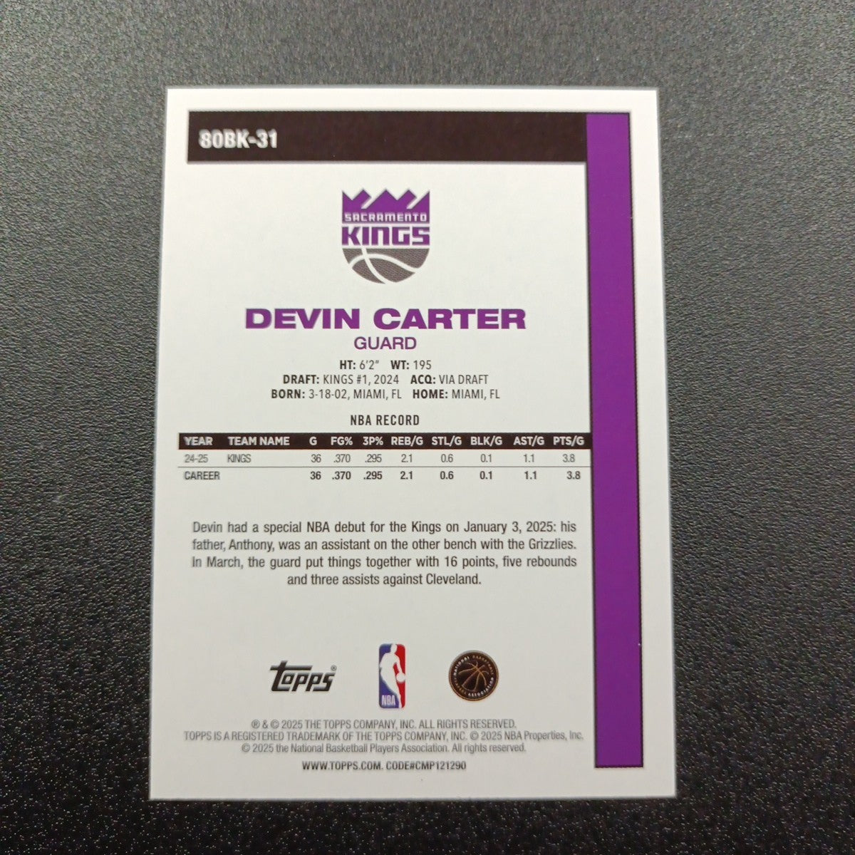 2025-26 Topps Basketball Card Devin Carter Silver Foil 45th Anniversary