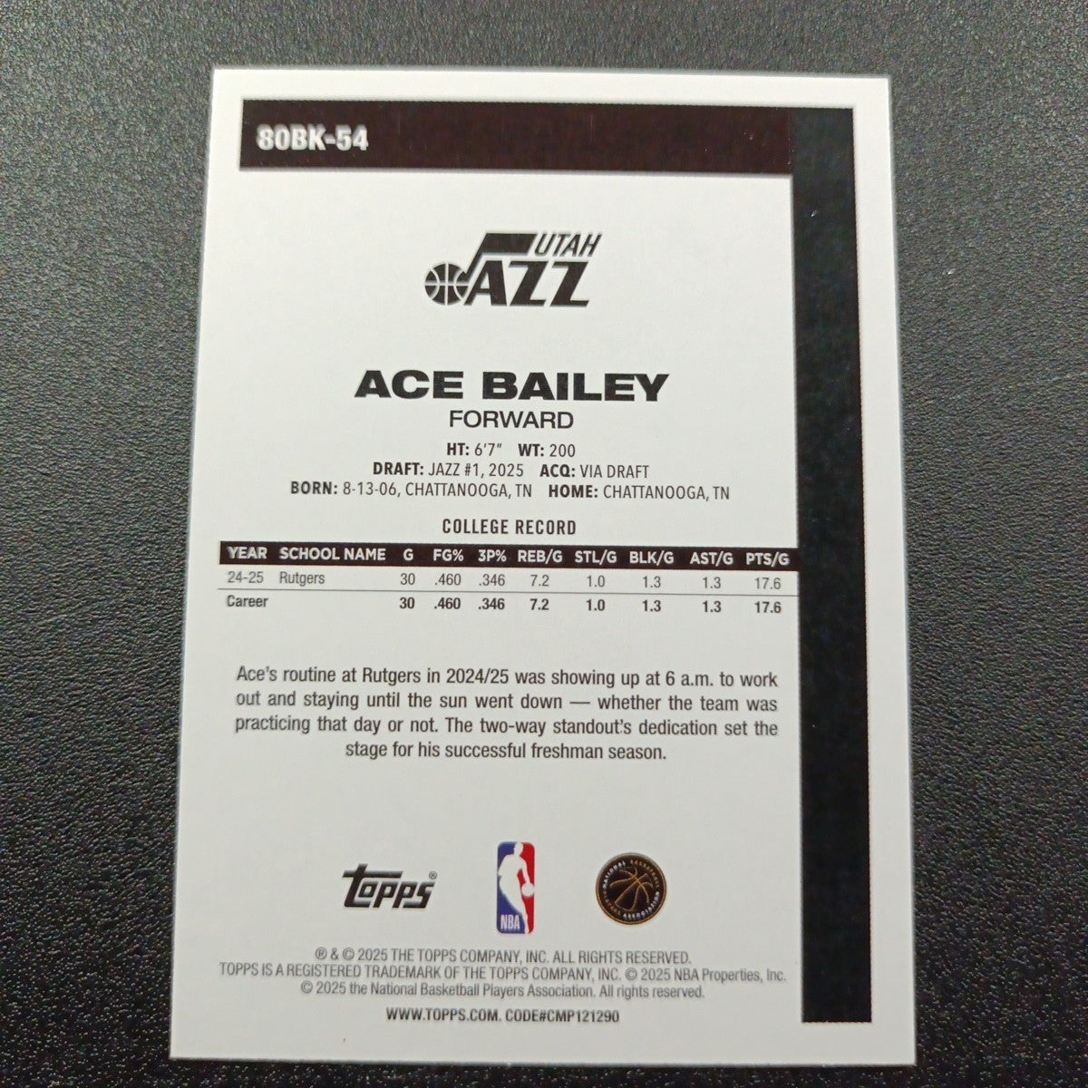 2025-26 Topps Basketball Card Ace Bailey Silver Foil 45th Anniversary