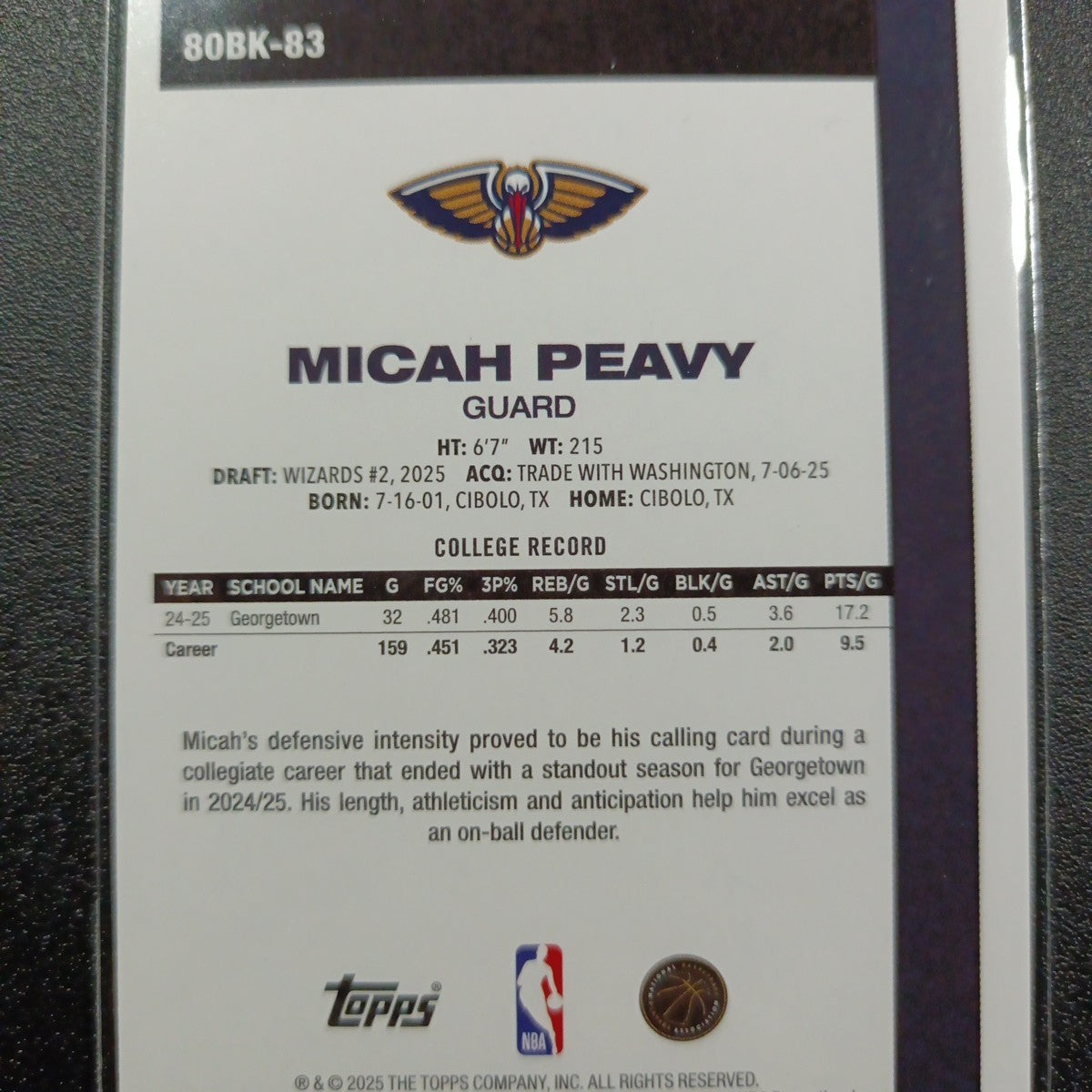 2025-26 Topps Basketball Card Micah Peavy Silver Foil 45th Anniversary Case Hit
