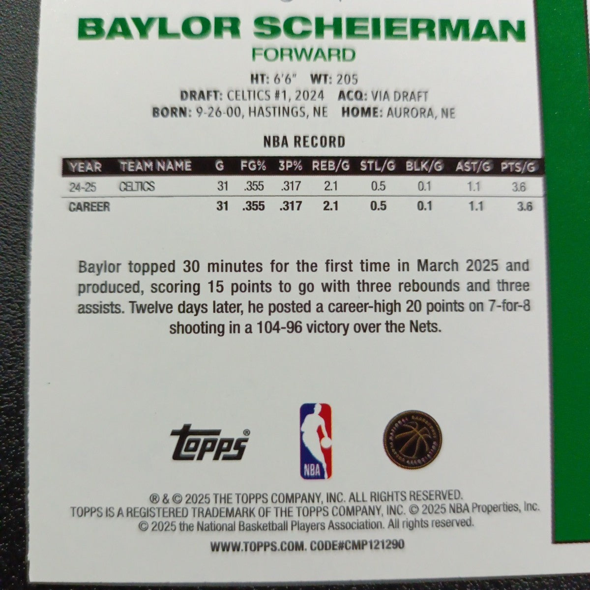 2025-26 Topps Basketball Card Baylor Sheierman Silver Foil 45th Anniversary