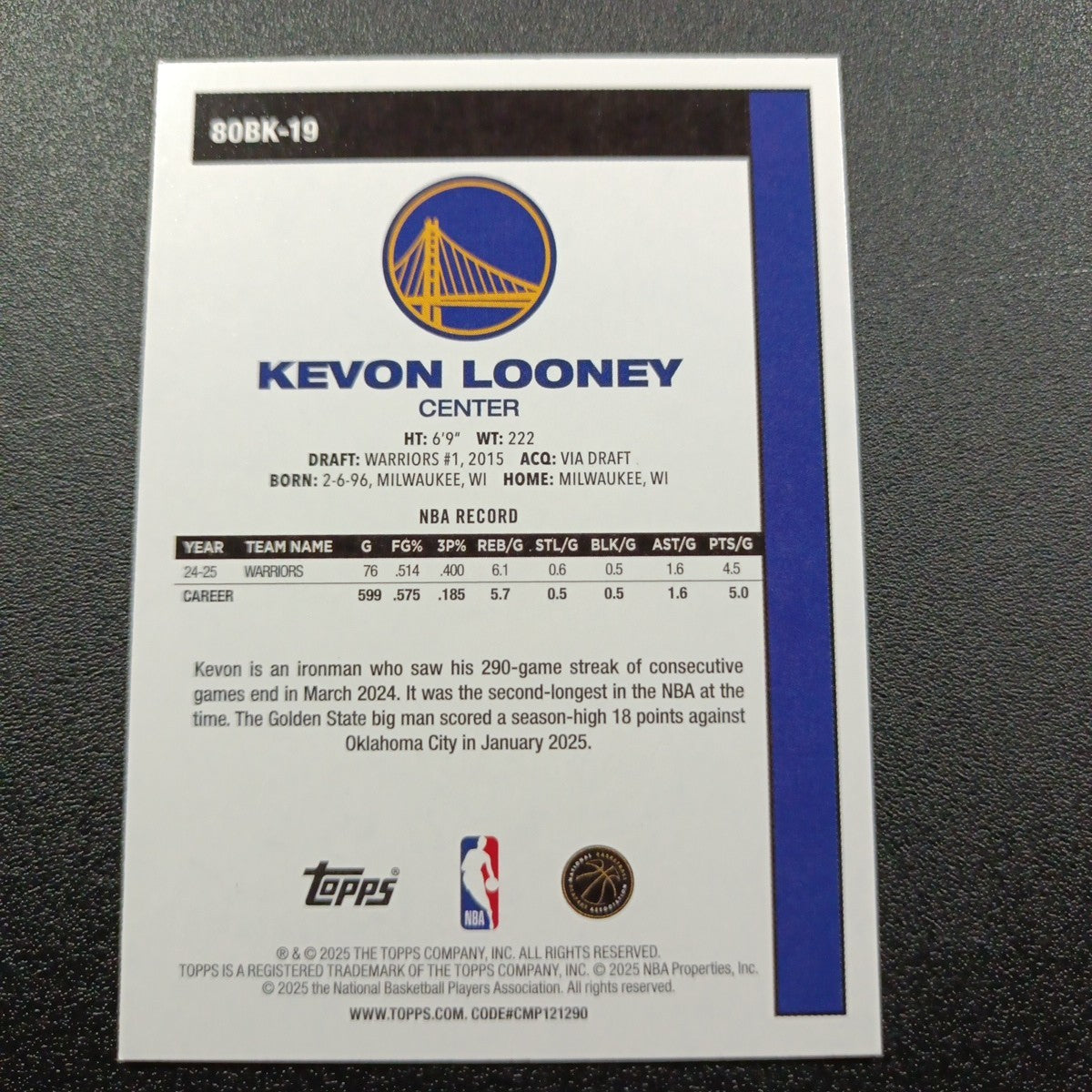2025-26 Topps Basketball Card Kevon Looney Silver Foil 45th Anniversary