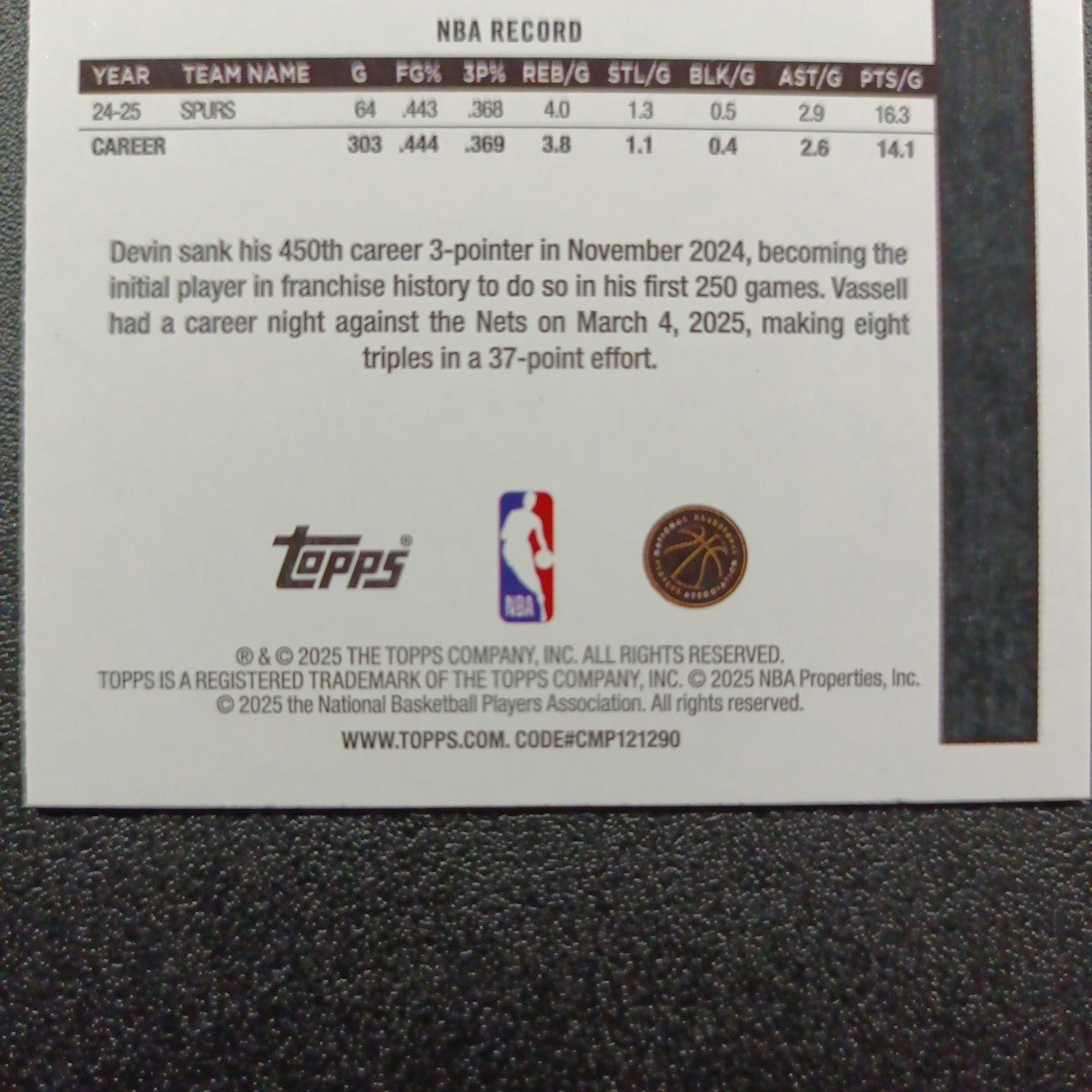 2025-26 Topps Basketball Card Devin Vassell Silver Foil 45th Anniversary