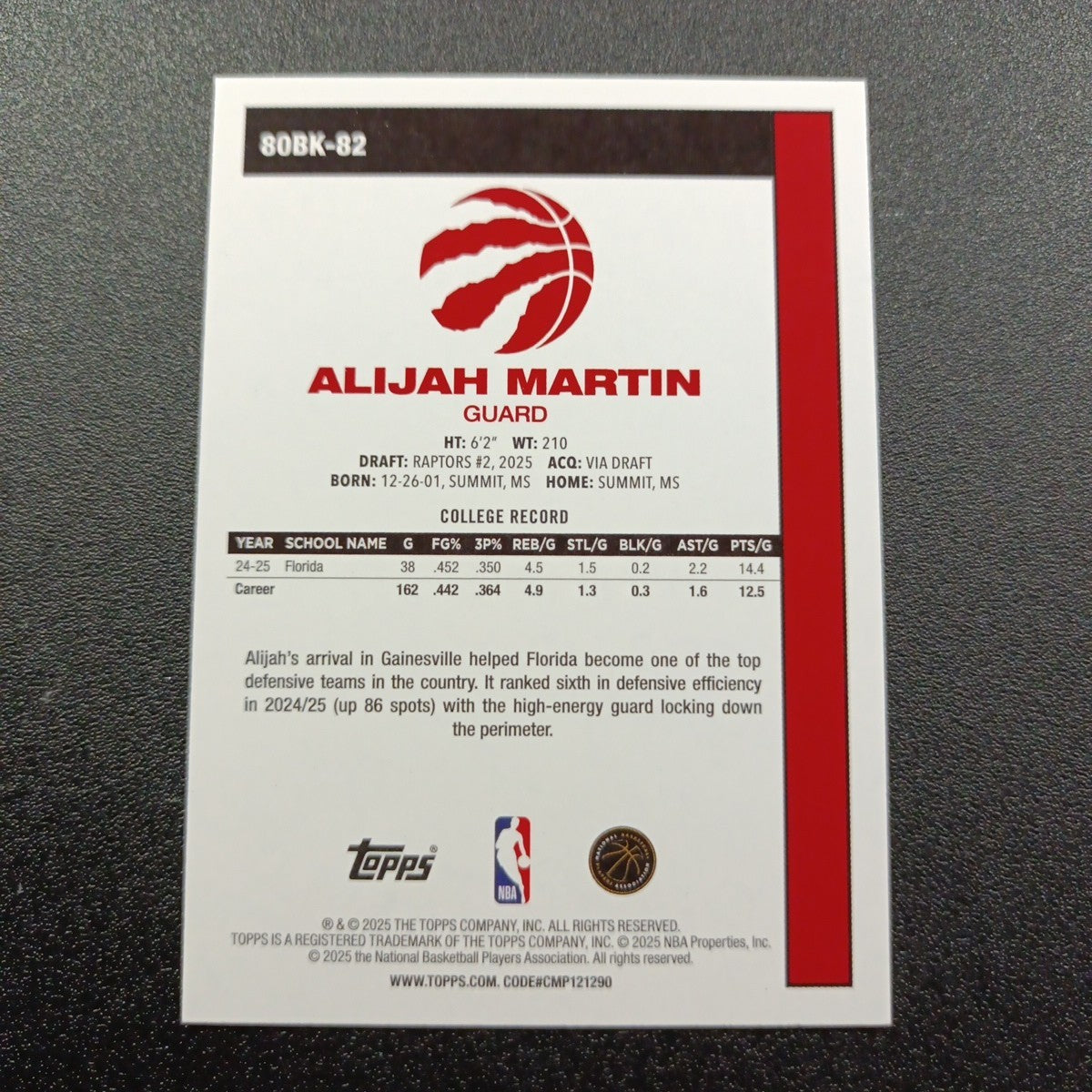 2025-26 Topps Basketball Card Alijah Martin Silver Foil 45th Anniversary