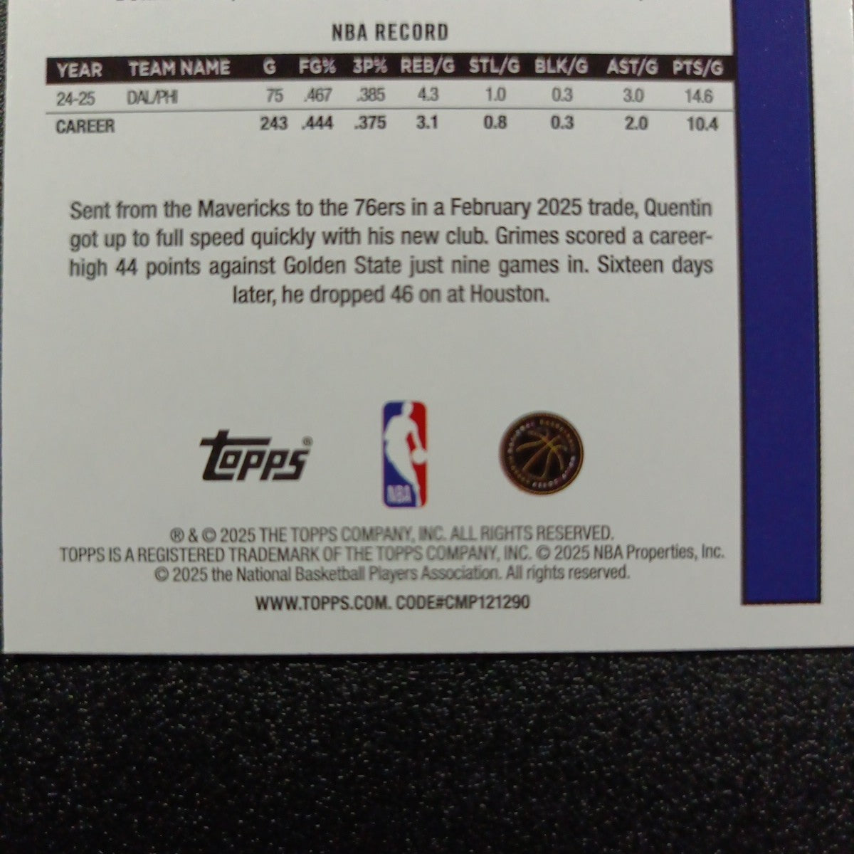 2025-26 Topps Basketball Card Quentin Grimes Silver Foil 45th Anniversary