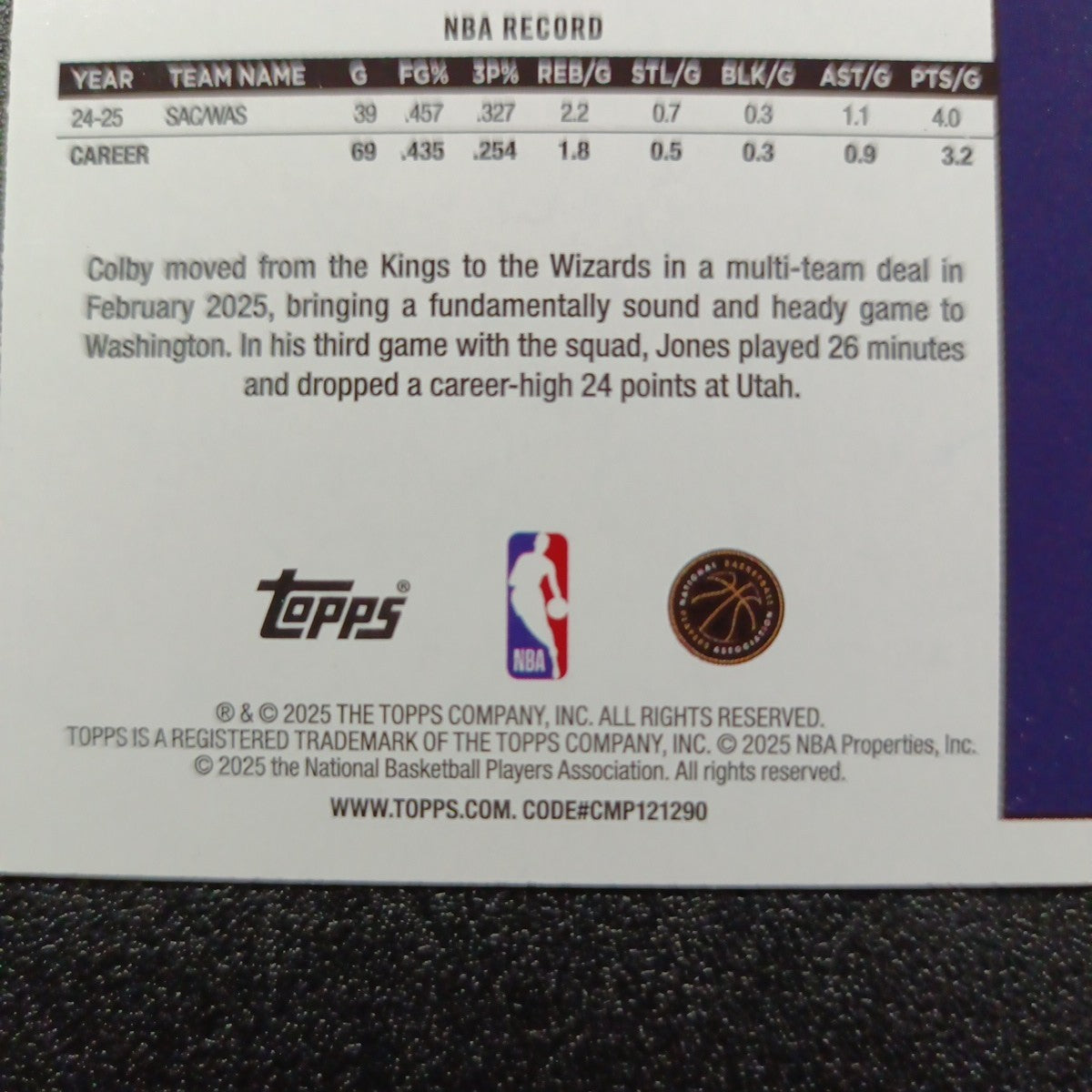 2025-26 Topps Basketball Card Colby Jones Silver Foil 45th Anniversary